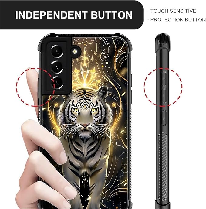 for Samsung Galaxy S21 Case, White Tiger Golden Mystery Pattern Graphic Design Girl Boy Soft Silicone Hard Acrylic Shock Protection for Samsung Galaxy S21
