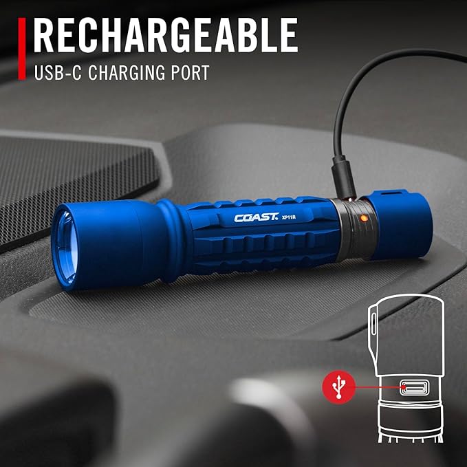 Coast XP11R 2600 Lumen USB-C Rechargeable LED Flashlight with Slide Focus® and Pure Beam® Focusing Optic, 4 Light Modes, Blue