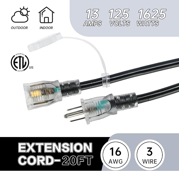 20FT 16 Gauge Multi-Outlet Outdoor Extension Cord, 4 Evenly Spaced Weatherproof Outlets, Great for Stage Backdrops, Landscape Garden Lighting, Christmas Decorations ETL