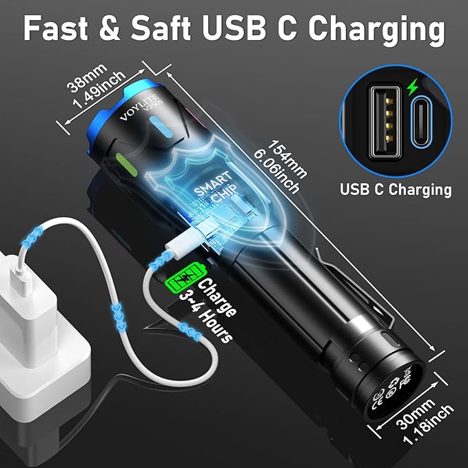 Flashlights High Lumens Rechargeable 5000mAh with LCD Power Display, Super Bright 100000 Lumen Flashlight, IPX7 Waterproof, 3 Modes & Zoomable (1500m), Belt Clip for Camping, Hiking, Emergency