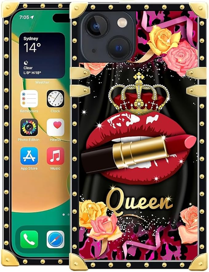 Compatible with iPhone 14 Case, Queen Lip Crown Leopard Print Luxury Golden Decoration for Girl Women Soft TPU Shockproof Protective Hard PC Back for iPhone 14