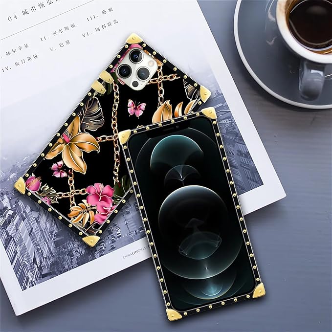 Compatible with iPhone 11 Pro Max Case, Pink Golden Chain Tropical Flower Luxury Golden Decoration for Girl Women Soft TPU Shockproof Protective Hard PC Back for iPhone 11 Pro Max