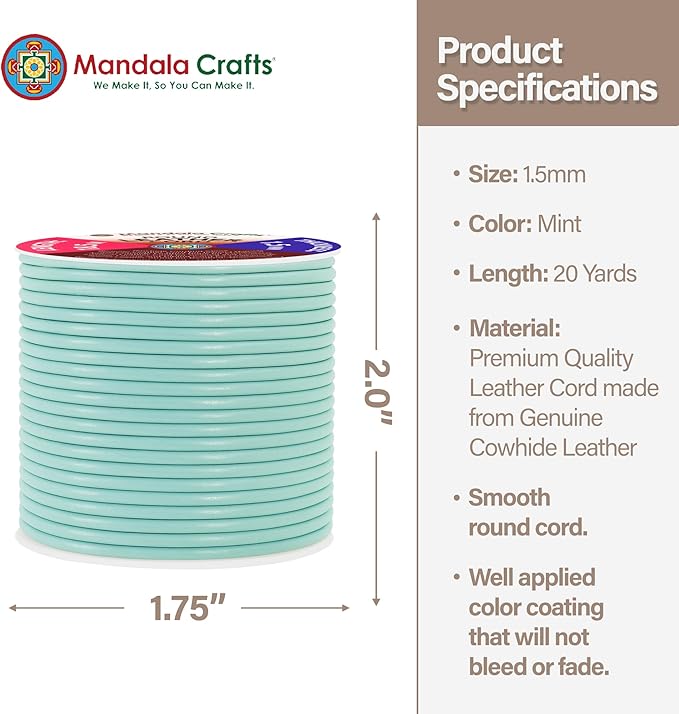 Mandala Crafts Round Genuine Mint Leather Cord for Jewelry Making – 1.5mm Cowhide Leather Rope String Lace for Kumihimo – 20 Yards Cowhide Craft Cording Spool