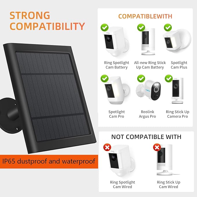 USB-C to Ring Barrel Plug 8Pack 4W Solar Charger for Ringing Spotlight & Stick Up Outdoor Cam, Black, High Efficiency, 10FT/3M Long Cable with IP65 dustproof and Waterproof
