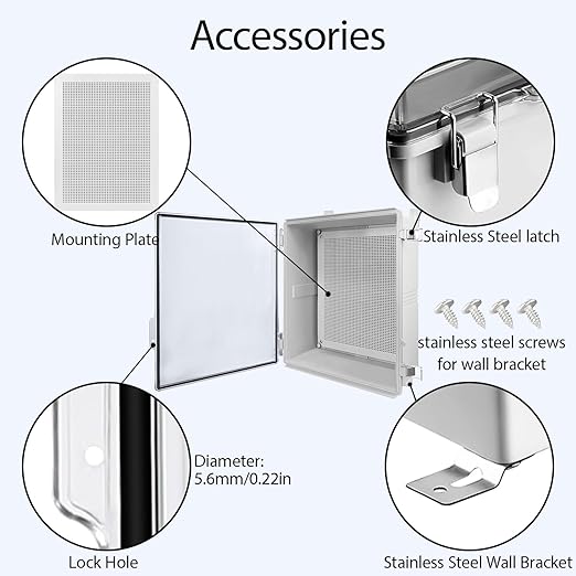 LeMotech Electrical Box, IP67 Waterproof Hinged Clear Cover Stainless Steel Latch Junction Box, ABS Plastic Electrical Enclosure with Mounting Plate,Wall Brackets, Cable Glands,17.7"x13.8"x7.9", Grey
