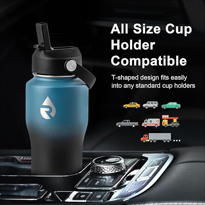 RAYMYLO 18 oz Insulated Water Bottle with Straw fit in Car Cup Holder, Triple Wall Vacuum Stainless Steel(Cold 48 hrs, Hot 24 hrs), Leakproof & Non-BPA, Hydro Travel Flask with Straw and Spout Lid