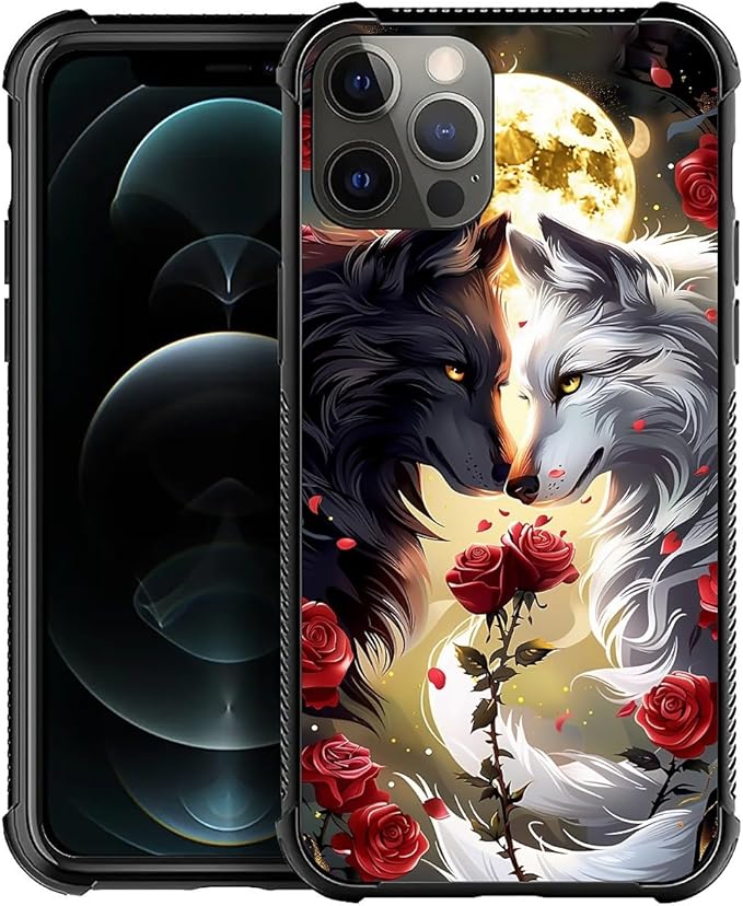 for iPhone 11 Pro Max Case, Black White Wolf Moon Flower Rose Pattern Graphic Design Girl Boy Soft Silicone Hard Acrylic Shock Protection for iPhone 11 Pro Max