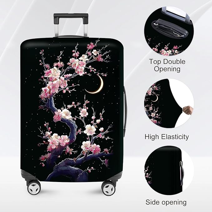ANNA QUEEN Cherry Blossom & Moon Luggage Cover-Stretchable, Water Resistant & Durable Suitcase Protector,Universal Washable Fit for 24-26 Inch Checked Baggage