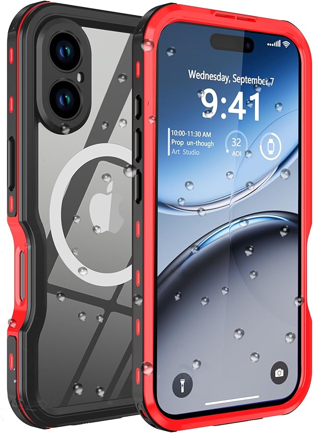 for iPhone 16 Case Waterproof, [Shockproof] [Dustproof] [IP68 Waterproof] Full-Body Hard Case Built-in [Lens Screen Protection] for Diving Case (Red, for iPhone 16 6.1in)