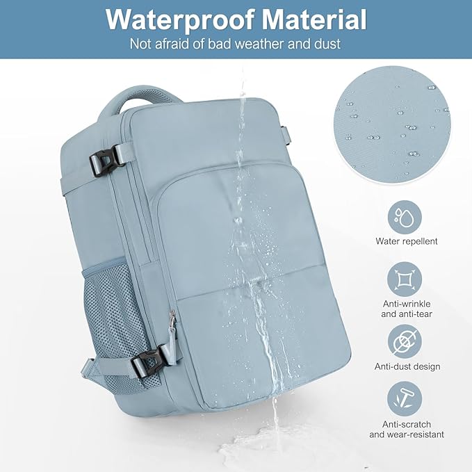Sinaliy Travel Backpack, Carry on Flight Approved Backpack with Multi-Pockets, TSA Waterproof 17.3inch Laptop Backpack, Personal Item Travel Bag for Men Women, Light Blue