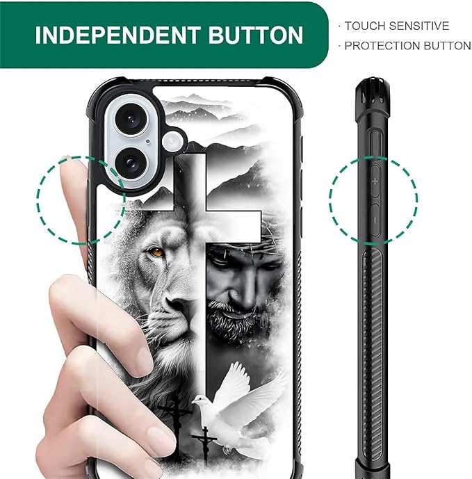 for iPhone 16 Case, Lion Cross Jesus Christ Dove Pattern Graphic Design Girl Boy Soft Silicone Hard Acrylic Shock Protection for iPhone 16