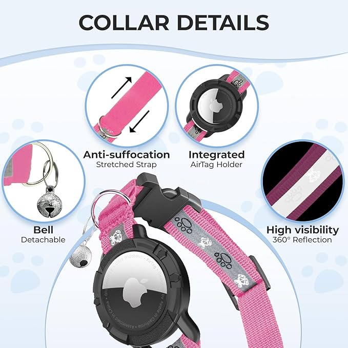 Breakaway AirTag Cat Collar, Reflective Cat Tracker Collar with Air Tag Holder and Bell, Safety Elastic Band Cat GPS Collars for Girl Boy Cats, Kittens and Puppies (Hotpink, 8-13'')