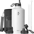 Coolflask 128 oz Gallon Water Bottle Insulated with Straw &3 Lids, Water Jug Large Stainless Steel Metal Vacuum Wide Mouth for Sports, Gym or Office, Non-BPA Keep Cold 48H Hot 24H, White