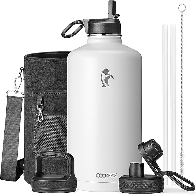 Coolflask 128 oz Gallon Water Bottle Insulated with Straw &3 Lids, Water Jug Large Stainless Steel Metal Vacuum Wide Mouth for Sports, Gym or Office, Non-BPA Keep Cold 48H Hot 24H, White