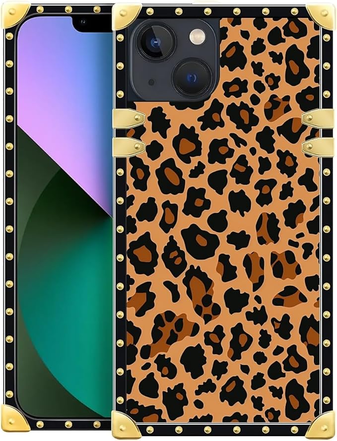 Compatible with iPhone 13 Case, Brown Leopard Texture Luxury Golden Decoration for Girl Women Soft TPU Shockproof Protective Hard PC Back for iPhone 13