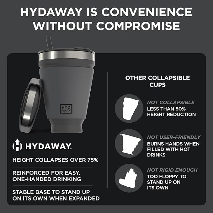 HYDAWAY 16oz Collapsible cup - Insulated Drink Tumbler - BPA-Free Silicone Cup with Lid, Perfect for Coffee, Travel, and Everyday Use