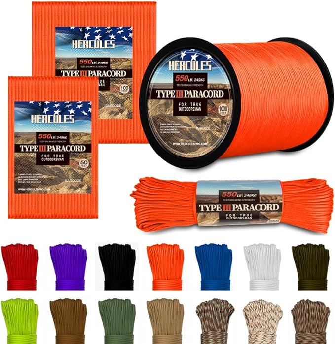 HERCULES Type III Paracord 550 Paracord Rope Parachute Cord, 50' Neon Orange for Camping Cord, Survival Rope