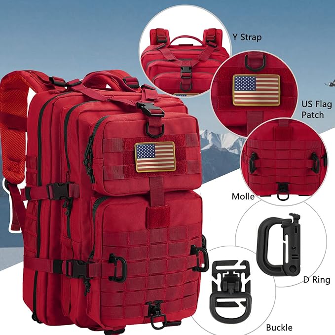 Hannibal Tactical MOLLE Assault Backpack, Tactical Backpack Military Army Camping Rucksack, 3-Day Pack Trip w/USA Flag Patch, D-Rings, Red