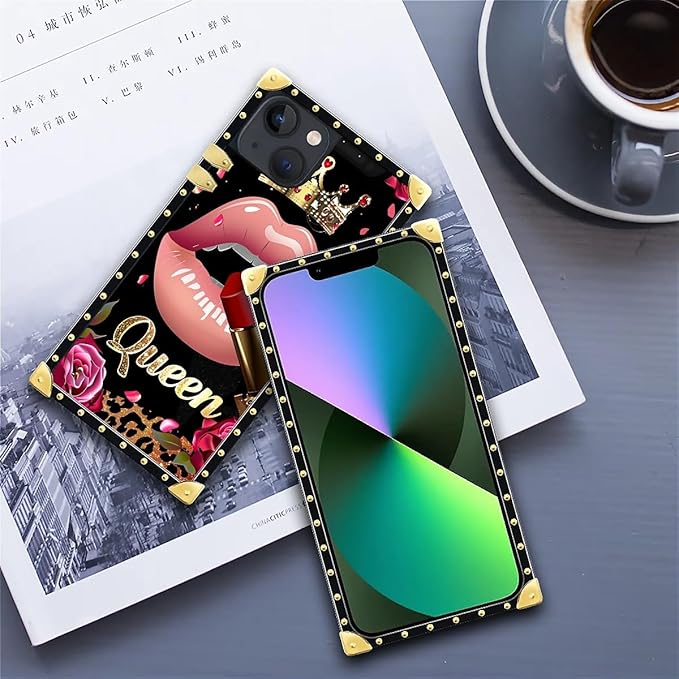 Compatible with iPhone 13 Case, Glitter Red Rose Queen Leopard Lipstick Luxury Golden Decoration for Girl Women Soft TPU Shockproof Protective Hard PC Back for iPhone 13