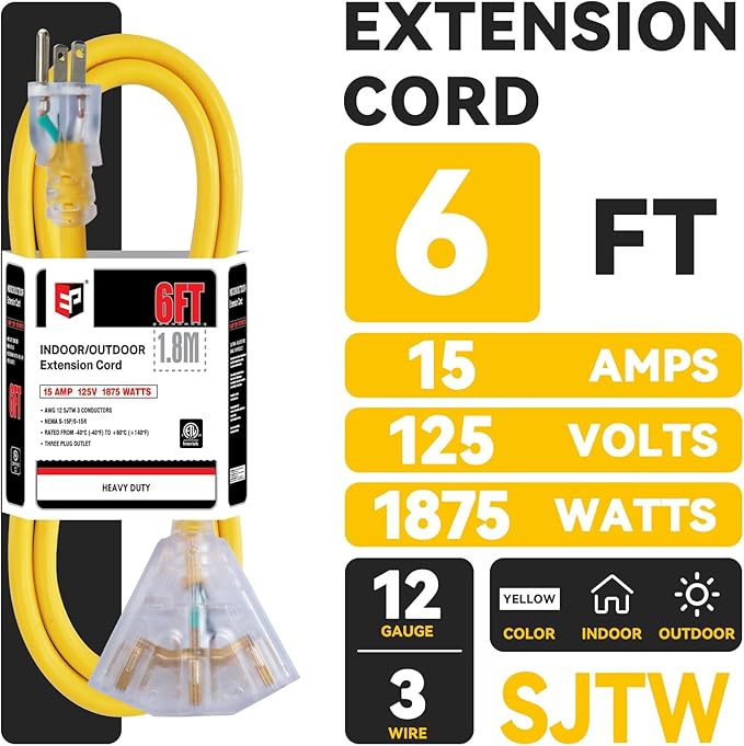 EP 6 Ft 12 Gauge Heavy Duty Extension Cord, 15A 125V 1875W, 3 Outlet Indoor/Outdoor Power Cord with Lighted End, 12/3 SJTW Weatherproof Yellow, UL Listed