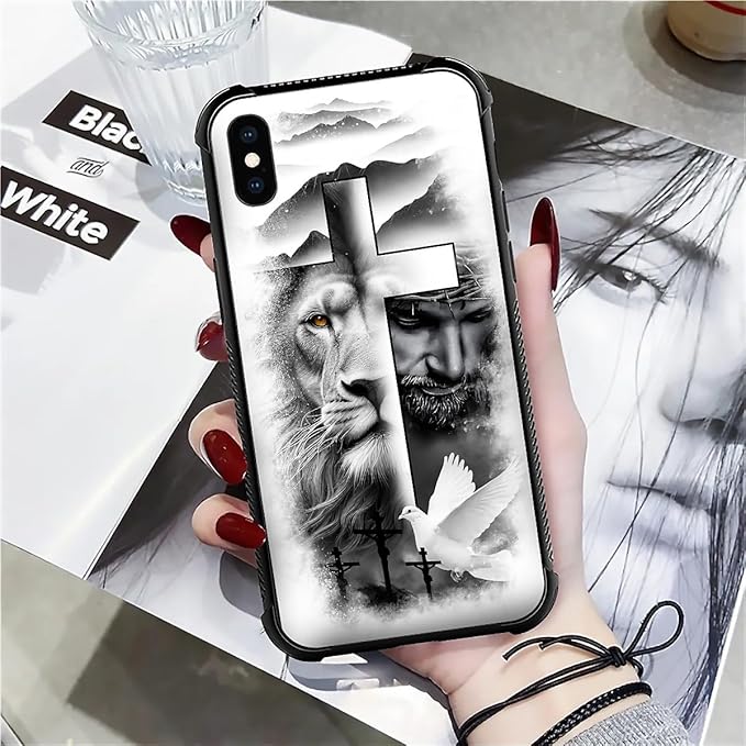 for iPhone Xs Max Case, Lion Cross Jesus Christ Dove Pattern Graphic Design Girl Boy Soft Silicone Hard Acrylic Shock Protection for iPhone Xs Max