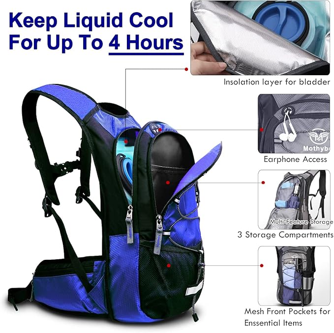 Mothybot Insulated Hydration Backpack Pack with 3L BPA Free Leak Proof Water Bladder, Large Storage Lightweight Hiking Daypack with Waist Pouches & Cooler Layer, for Running, Biking, Camping, Festival