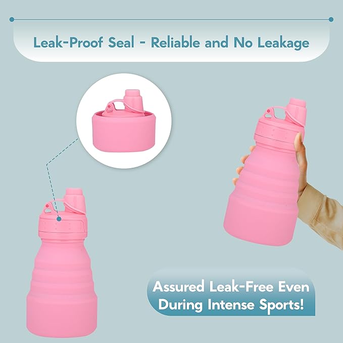 Collapsible Water Bottles 17oz, Odorless BPA-Free Silicone, Leak-Proof Foldable Reusable Bottle - Perfect for Travel Sports Gym Hiking Camping Cycling - Water Pink