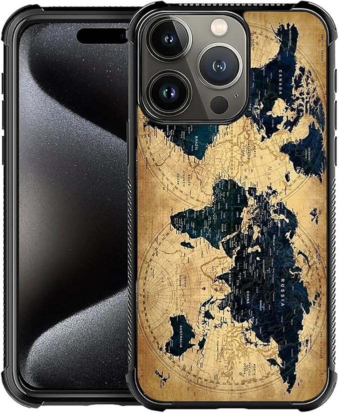 for iPhone 16 Pro Max Case, Brown World Map Pattern Graphic Design Girl Boy Soft Silicone Hard Acrylic Shock Protection for iPhone 16 Pro Max