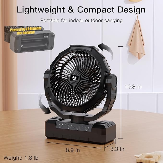 Battery Operated Fan [200H Max], 2 in 1 D-Cell Battery & USB Powered Fans, Portable Camping Fan with 4 Speeds, Light, Timer, Remote for Outdoor Tent, Travel, Picnic, Office, Bedroom - Black