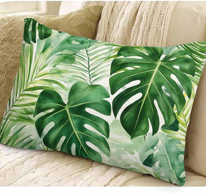 EKOBLA Throw Pillow Cover Green Tropical Palm Fern Leaves Jungle Foliage Farmhouse Decorative Pillow Cases Cotton Linen 12x20 Inch Cushion Cover for Sofa Couch Decoration