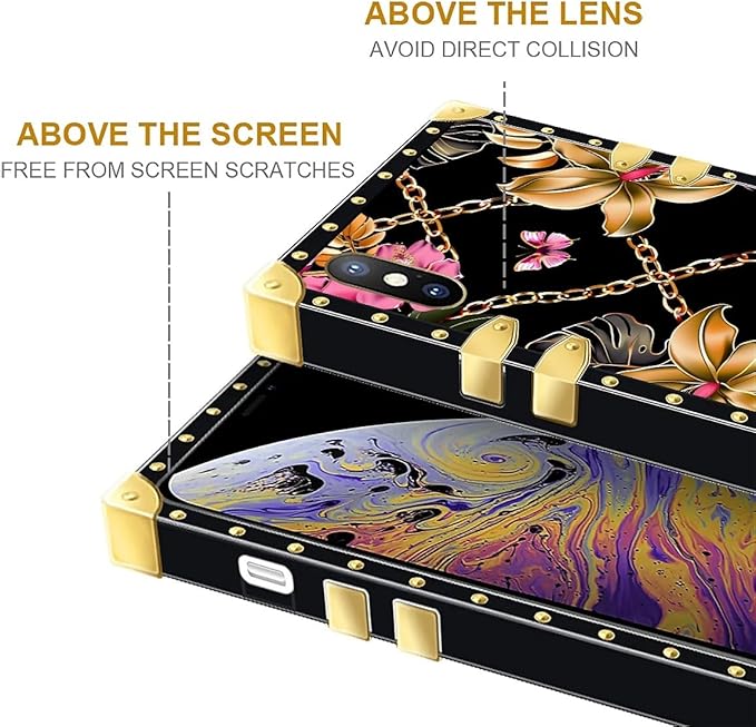 Compatible with iPhone Xs Max Case, Pink Golden Chain Tropical Flower Luxury Golden Decoration for Girl Women Soft TPU Shockproof Protective Hard PC Back for iPhone Xs Max