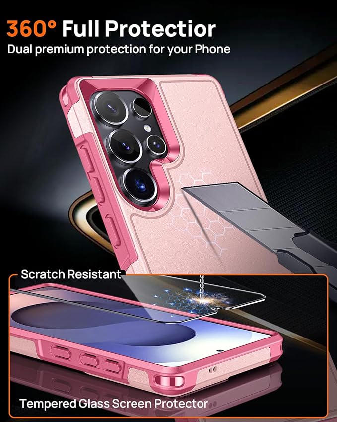 Lanhiem for Samsung Galaxy S25 Ultra Phone Case with Tempered Glass Screen Protector, Shock Absorption, Anti-Scratch Shockproof Case Cover for Samsung S25 Ultra, Pink