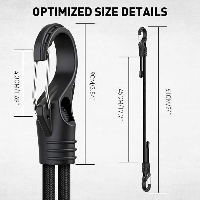 8-Piece 24-inch Adjustable Bungee Cords with Hooks, Heavy Duty Outdoor Carabiner Bungee Straps, Easily Adjust from 7" to 24", Black Super Elastic Cord for Cargo, Camping, Bike Racks, Tents