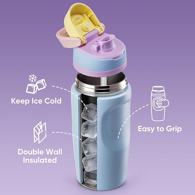 Fijinhom 16 oz Insulated Water Bottle,Stainless Steel Sports Water Bottle with Straw, Double Wall Vacuum Leak Proof, Cold for 24 Hours, BPA Free for Travel, Sport, Outdoor, Light Blue