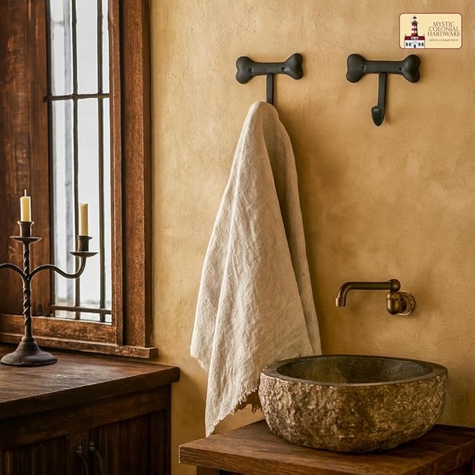 Mystic Colonial Medieval Cast Iron Bone-Shaped Wall Hook (Set of 2) | (3 in x 4 in) Rustic Gothic Decorative Hooks with Black Finish for Coats, Hats, Keys, Towels & Bags