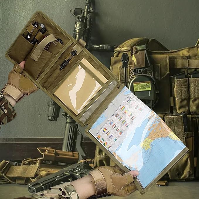 Tactical Map Case Multifunctional Map Pouch with Pen EDC Tool Holder Map Protector Foldable Map Storage Bag with Clear Window for Reading Map while Outdoors or Hiking (Khaki)