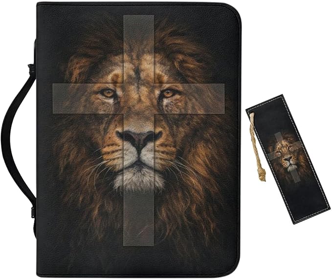 Leather Bible Cover Case for Men PU Bible Case with Bookmark Church Bag Book Carrying Case Lion and Cross Print Bible Covers