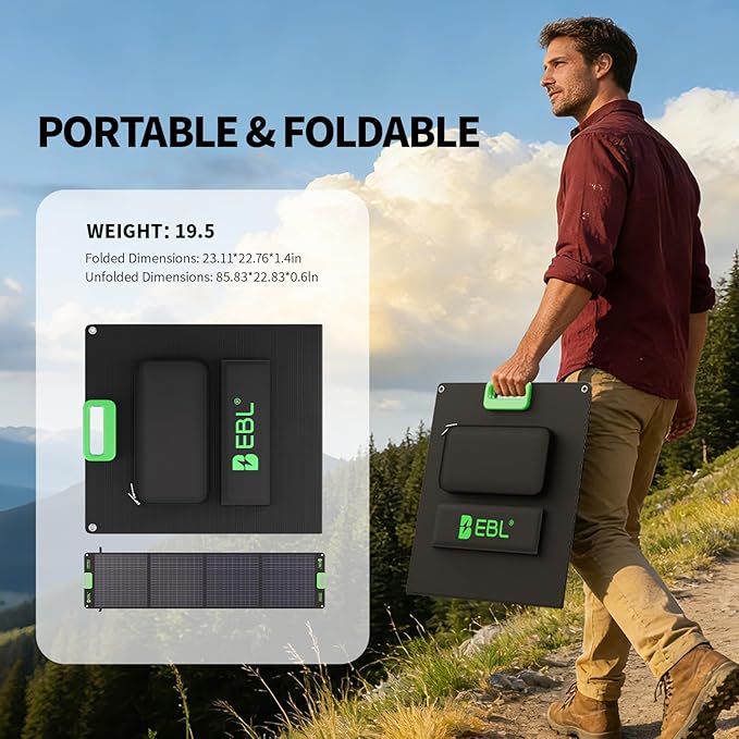 EBL 200W Portable Solar Panel for Power Station, Foldable Solar Charger w/ 4 Kickstands, IP65 Waterproof Solar Panel Kit w/DC XT60 Anderson Aviation Output for Outdoor RV Camper Blackout