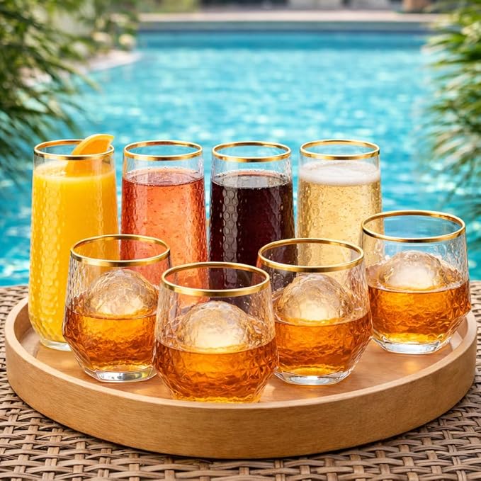 48 Pack Ribbed Stemless Champagne Flutes Gold Rim – 24 9oz Mimosa Glasses & 24 12oz Plastic Cups, BPA-Free Disposable Shatterproof Toasting Glasses for Weddings, Parties, Cocktail Wine Bar Events
