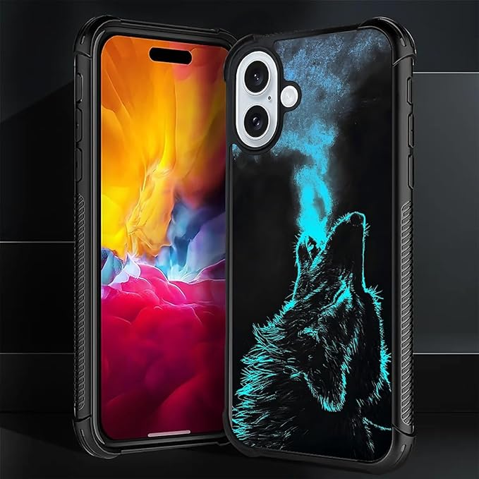 for iPhone 16 Case, Blue Breathing Wolf Pattern Graphic Design Girl Boy Soft Silicone Hard Acrylic Shock Protection for iPhone 16