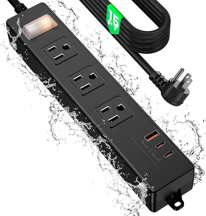 15FT Outdoor Waterproof Power Strip Surge Protector with 3AC Outlets 2 USB-C 1 USB-A Power Switch Safety Lock, ETL Certified for Patio Garden Charging