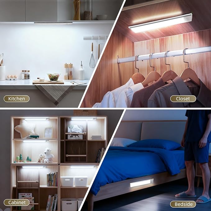 12inch Under Cabinet Lighting, 4 Pack Rechargeable Motion Sensor Light Indoor, Wireless Dimmable Magnetic Closet Lights, 50 LED Under Counter Lights for Kitchen, Wardrobe, Stairs, White Light