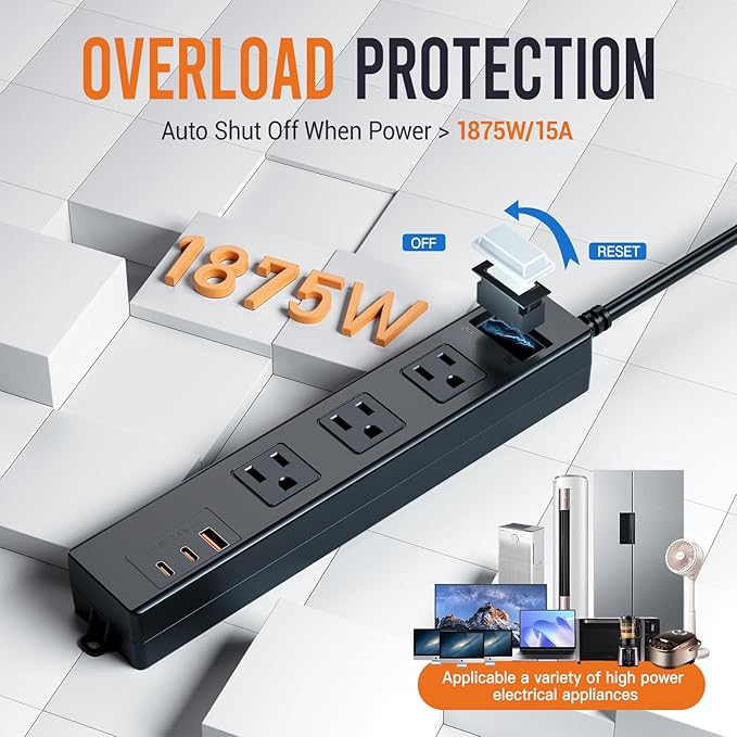 15FT Outdoor Waterproof Power Strip Surge Protector with 3AC Outlets 2 USB-C 1 USB-A Power Switch Safety Lock, ETL Certified for Patio Garden Charging