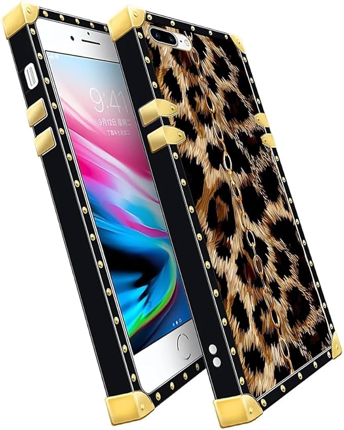 Compatible with iPhone 8 Plus 7 Plus Case, Seamless Gold Chain Leopard Luxury Golden Decoration for Girl Women Soft TPU Shockproof Protective Hard PC Back for iPhone 8 Plus 7 Plus