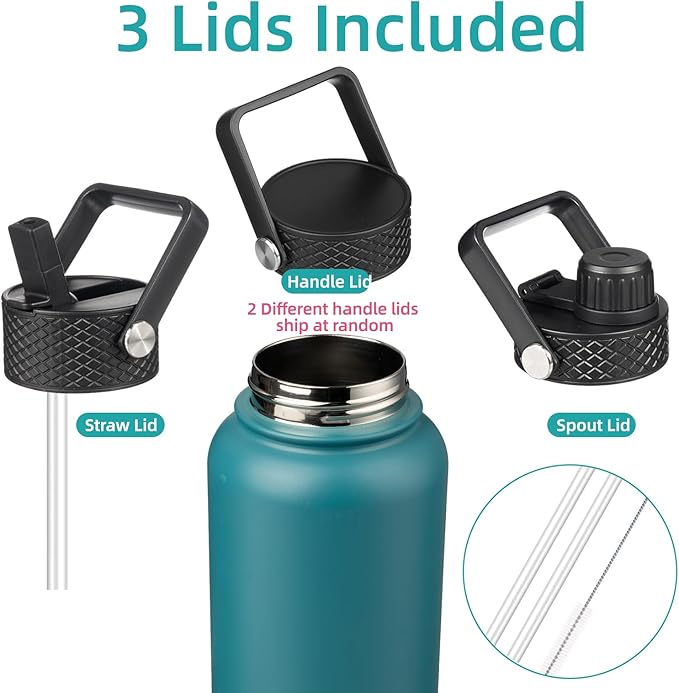 Konokyo 40oz Insulated Water Bottle Stainless Steel Sport Bottles with 3 Lids,Light Blue