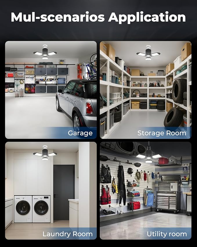 toberich LED Garage Light Bulbs 4 Pack, 8000LM Shop Lights with 3+1 Deformable Panels, 6500K Screw in Ceiling Lights Bay Lighting for Garage, Workshop, Workbench, Basement