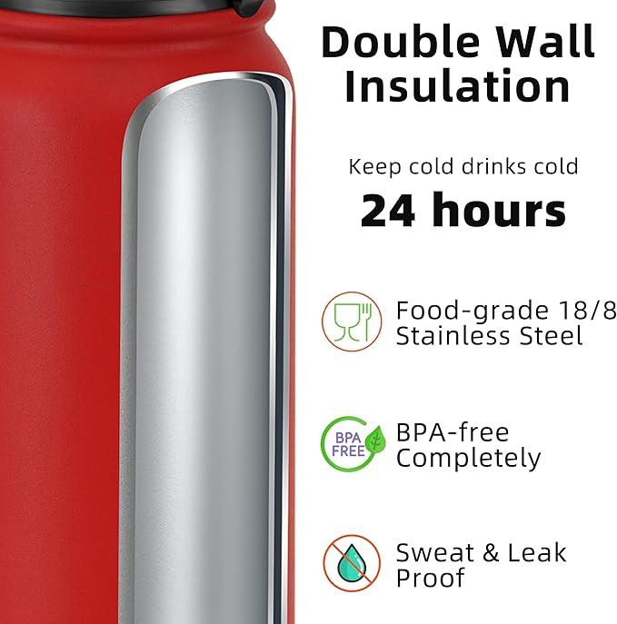 Fanhaw 20 oz Insulated Stainless Steel Water Bottle with Straw Lid, Leakproof & Anti-Dust Sports Bottle for Kids, Women & Men (Red)