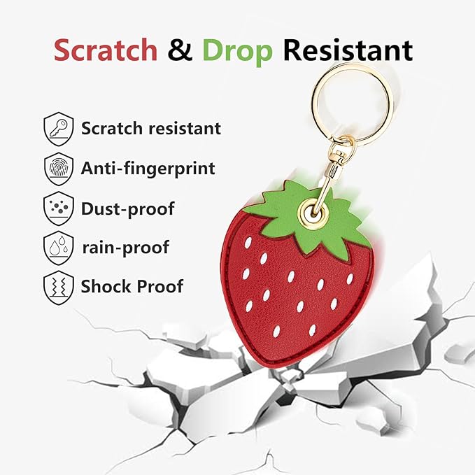 Universal Smart Tag Holder Fit for Tile Mate, AirTag, Galaxy SmartTag, eufy SmartTrack Link, Key Fob, Leather Cute Air Tracker Case with Key Rings, (Strawberry)