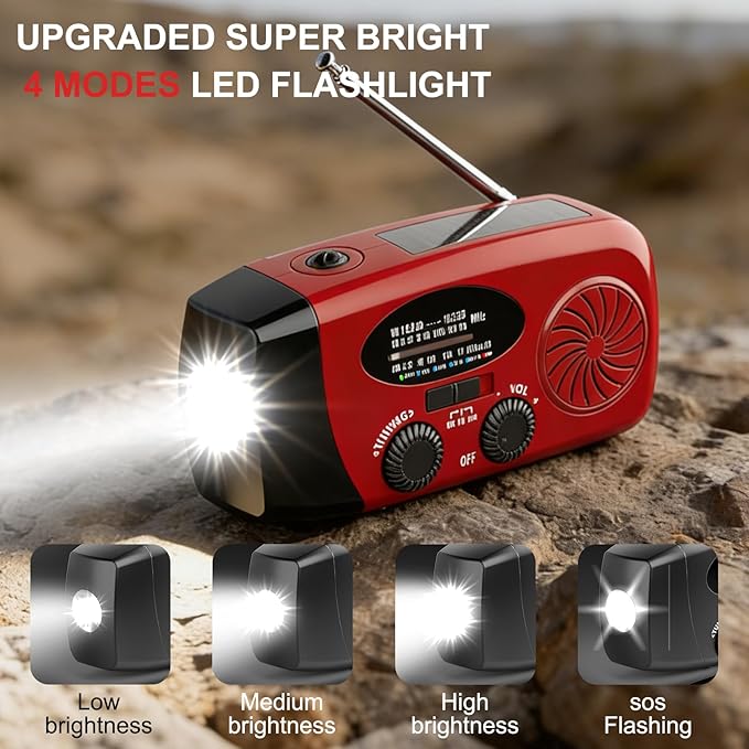 18500mWh Weather Emergency Radio, Portable Solar AM/FM/NOAA Hand Crank Radio, Cell Phone Charger with SOS, 1W LED Flashlight, Headphone Jack, Power for Emergency Preparedness (5000mAh Red)