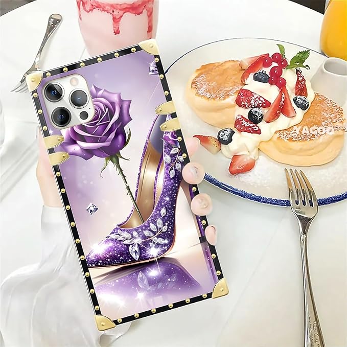 Compatible with iPhone 12 Pro Max Case, High Heeled Purple Diamond Rose Luxury Golden Decoration for Girl Women Soft TPU Shockproof Protective Hard PC Back for iPhone 12 Pro Max